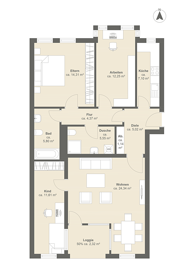 4-Zimmer Wohnung im 1.OG mit Loggia und sehr guter Verkehrsanbindung - 1. Obergeschoss